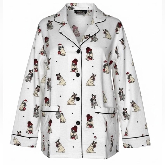 NWT PJ Salvage Pug Pajama Top ONLY Large L Ba Hum Pug White Holiday Flannel - Picture 1 of 6